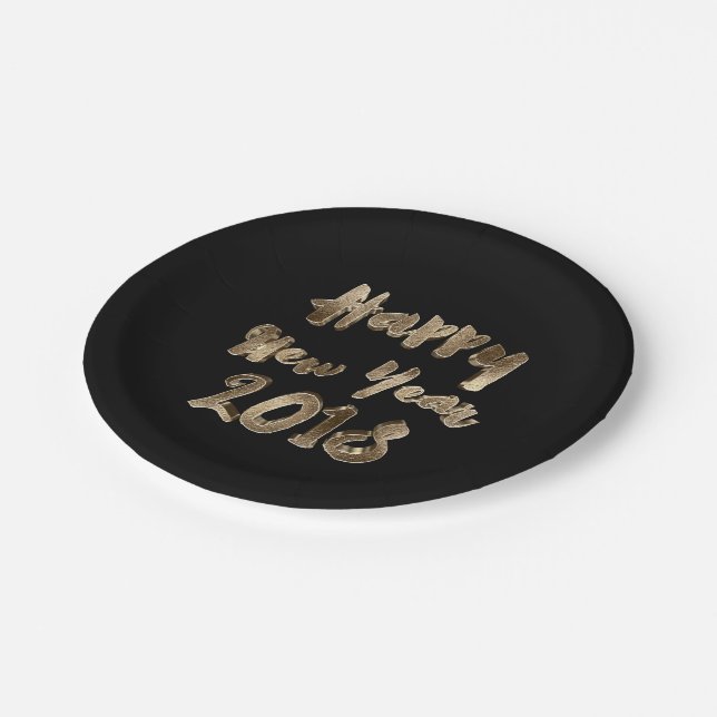 Happy New Year 2018 Black and Gold Look Typography Paper Plate (Angled)