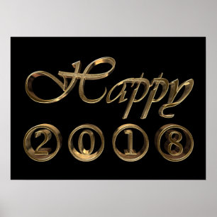 Happy New Year 2018 Black and Gold Typography Poster