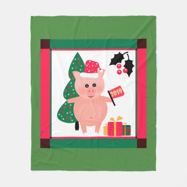 Happy New Year 2019 Chinese Symbol Pig Fleece Blanket (Front)