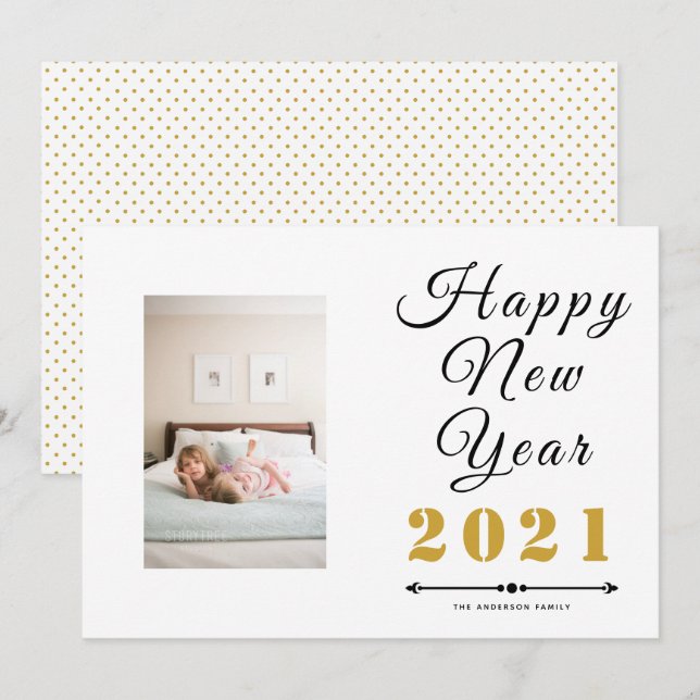 Happy New Year 2021 calligraphy script gold photo Holiday Card (Front/Back)