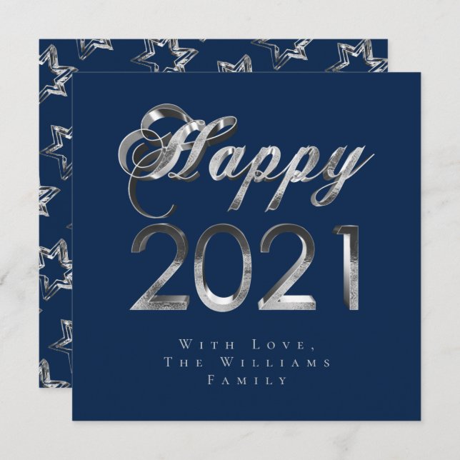 Happy New Year 2021 Chic Blue Silver Grey Script Holiday Card (Front/Back)