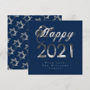 Happy New Year 2021 Chic Blue Silver Grey Script Holiday Card