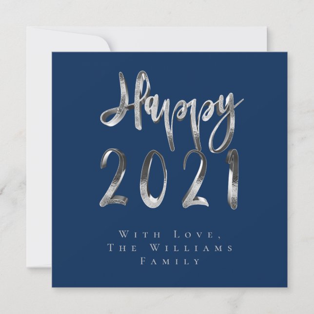 Happy New Year 2021 Chic Blue Silver Grey Script Holiday Card (Front)