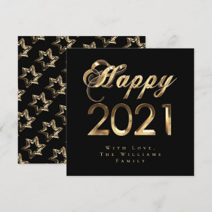 Happy New Year 2021 Elegant Black and Gold Script Holiday Card