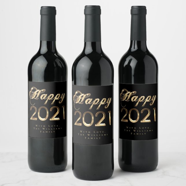 Happy New Year 2021 Elegant Black and Gold Script Wine Label (Bottles)