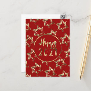 Happy New Year 2021 Elegant Faux Gold Stars Red Holiday Postcard