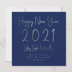Happy New Year 2021 Elegant Silver Script Blue Holiday Card