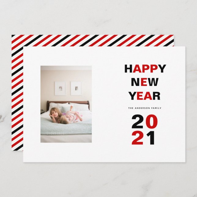 Happy New Year 2021 red, black typography  photo Holiday Card (Front/Back)