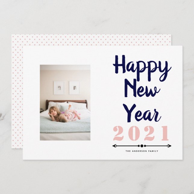 Happy New Year 2021 typography navy blush photo Holiday Card (Front/Back)