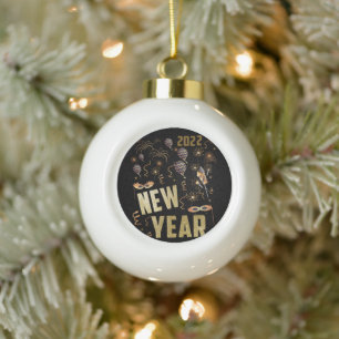 Happy New Year 2022, Holiday Gold Glitter Festive Ceramic Ball Christmas Ornament