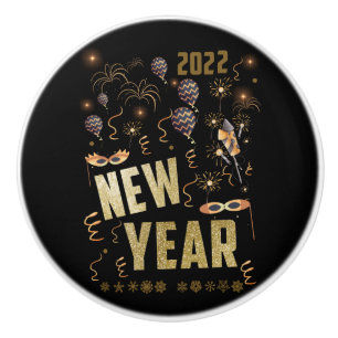 Happy New Year 2022, Holiday Gold Glitter Festive Ceramic Knob