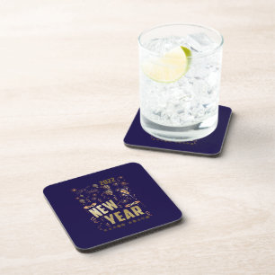Happy New Year 2022, Holiday Gold Glitter Festive Coaster