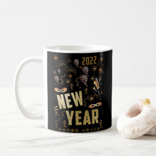 Happy New Year 2022, Holiday Gold Glitter Festive Coffee Mug