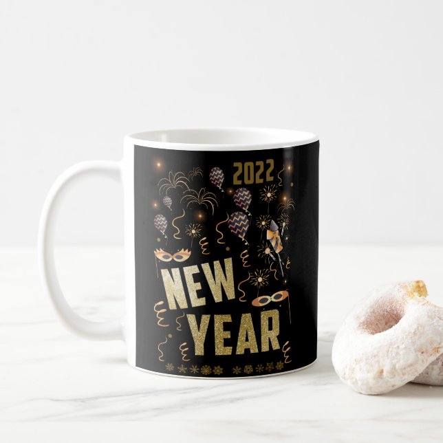 Happy New Year 2022, Holiday Gold Glitter Festive Coffee Mug (With Donut)