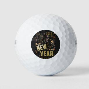 Happy New Year 2022, Holiday Gold Glitter Festive Golf Balls