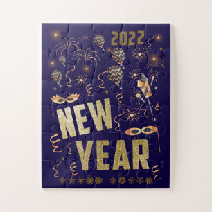 Happy New Year 2022, Holiday Gold Glitter Festive Jigsaw Puzzle