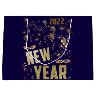 Happy New Year 2022, Holiday Gold Glitter Festive Large Gift Bag