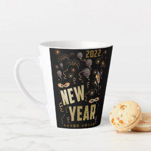 Happy New Year 2022, Holiday Gold Glitter Festive Latte Mug
