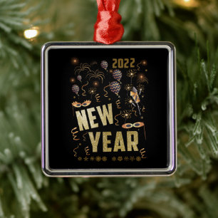 Happy New Year 2022, Holiday Gold Glitter Festive Metal Ornament