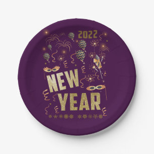 Happy New Year 2022, Holiday Gold Glitter Festive Paper Plate