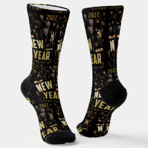 Happy New Year 2022, Holiday Gold Glitter Festive Socks