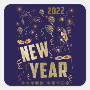 Happy New Year 2022, Holiday Gold Glitter Festive Square Sticker