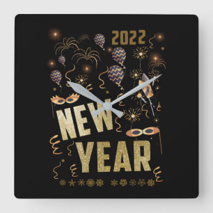 Happy New Year 2022, Holiday Gold Glitter Festive Square Wall Clock