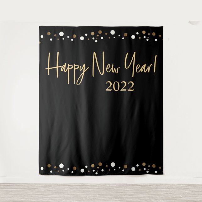 Happy New Year 2022 Script Black Gold Confetti Tapestry (Front)