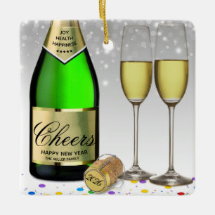 Happy New Year 2022 Sparkling Wine Bottle Ceramic Ornament