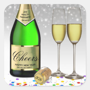 Happy New Year 2022 Sparkling Wine Bottle Square Sticker