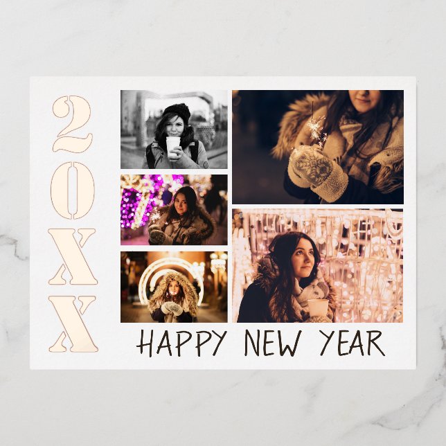 Happy New Year 2023 5 Photo Collage Real  Foil Holiday Postcard (Front)