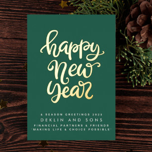 HAPPY NEW YEAR 2023 Custom Green Business Gold Foil Holiday Card