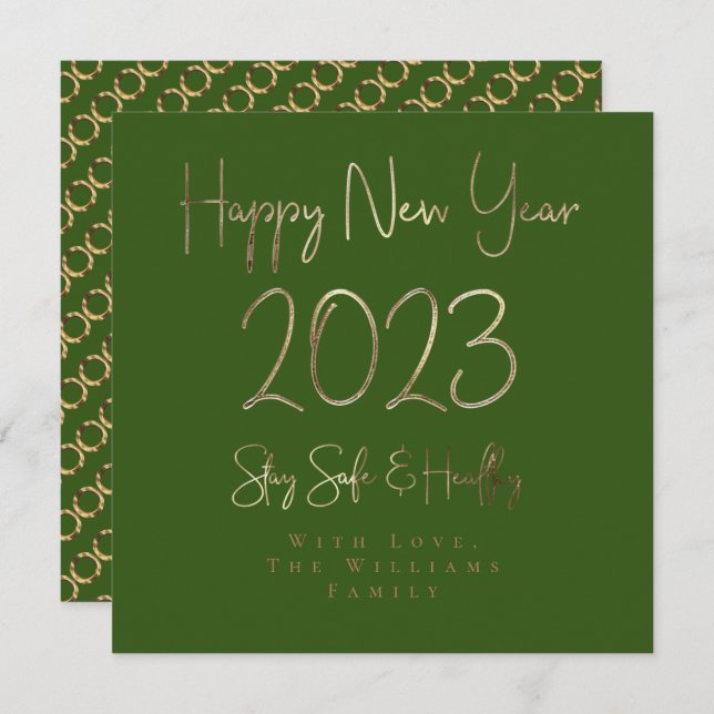 Happy New Year 2023 Elegant Gold Script Green Holiday Card (Front/Back)