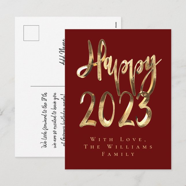 Happy New Year 2023 Elegant Red and Gold Script Holiday Postcard (Front/Back)