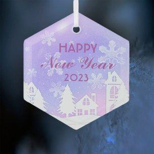 Happy New Year 2023 Purple White House Snow Glass Tree Decoration