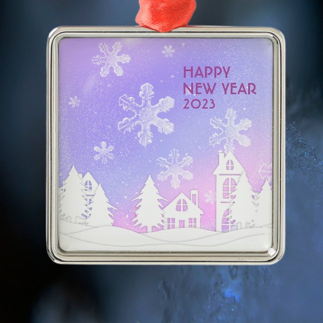 Happy New Year 2023 Purple White Snow House  Metal Ornament (Creator Uploaded)