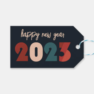 Happy new year 2023 text xmas trees gift tags