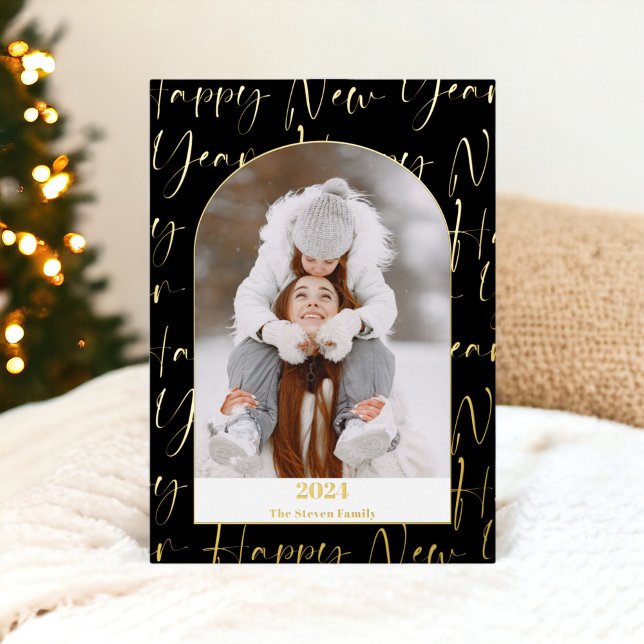 Happy New Year 2024 bold script 4 photos black Foil Holiday Card (Happy New Year 2024 bold script 4 photos black Foil Holiday Card)