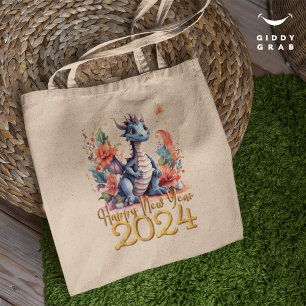 Happy New Year 2024 Chinese Dragon Water Color Tote Bag