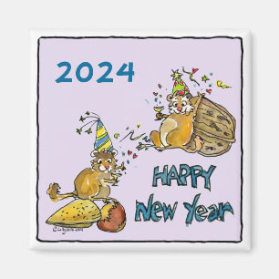 Happy New Year 2024 Chipmunks Cartoon Magnet