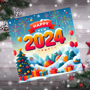 Happy New Year 2024 Christmas Tree Gifts Firework Holiday Card