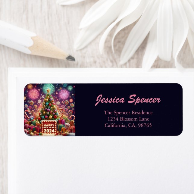 Happy New Year 2024 Christmas Tree Return Address Label (Insitu)