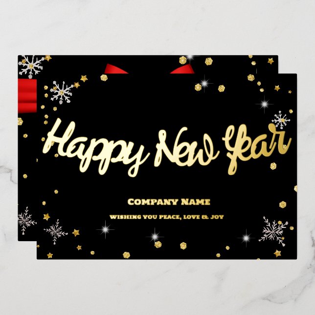 Happy New Year 2024 Company Red Ribbon Foil Holiday Card (Front/Back)