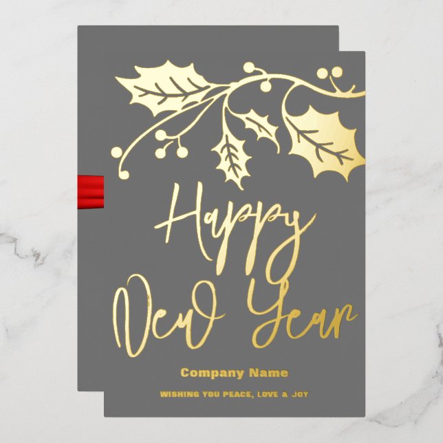 Happy New Year 2024 company, red ribbon Foil Holiday Card (Front/Back)