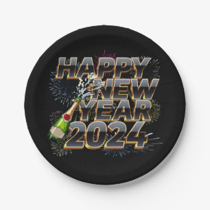 Happy New Year 2024 Elegant New Year's Eve Party Paper Plate