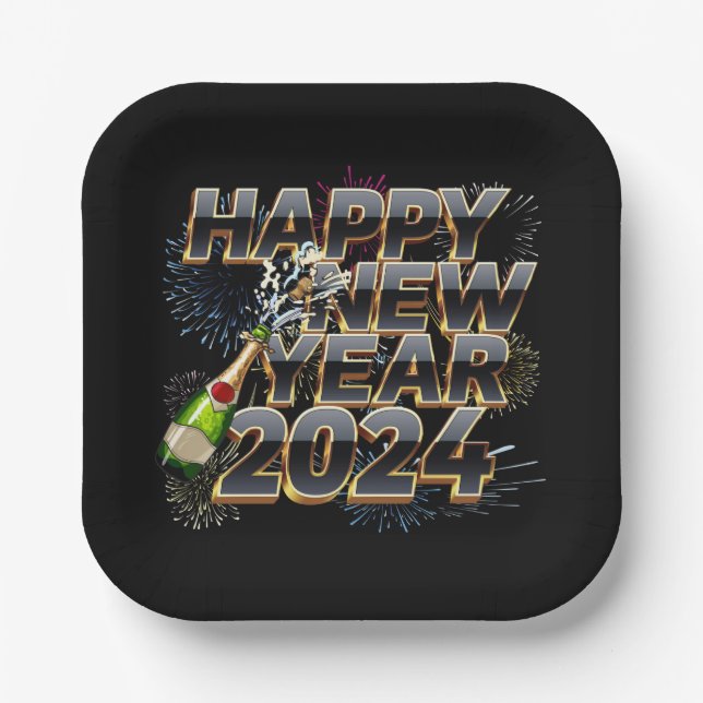 Happy New Year 2024 Elegant New Year's Eve Party Paper Plate (Front)