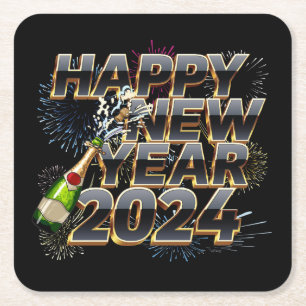 Happy New Year 2024 Elegant New Year's Eve Party Square Paper Coaster