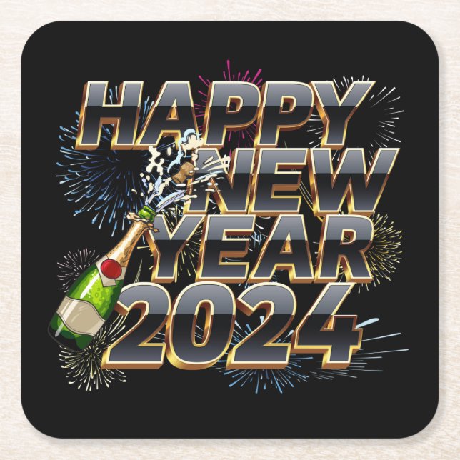 Happy New Year 2024 Elegant New Year's Eve Party Square Paper Coaster (Front)