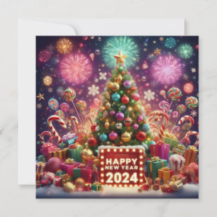Happy New Year 2024 Firework Christmas Tree Stars Holiday Card