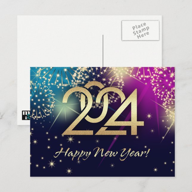 Happy New Year 2024. Fireworks  Holiday Postcard (Front/Back)
